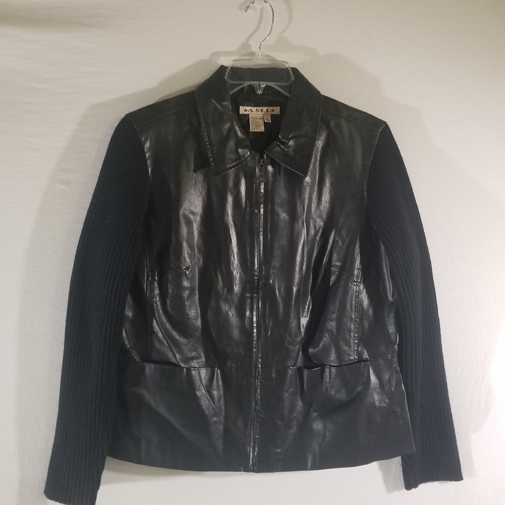 ***AMI 100% Leather Jacket with Nylon Sleeves